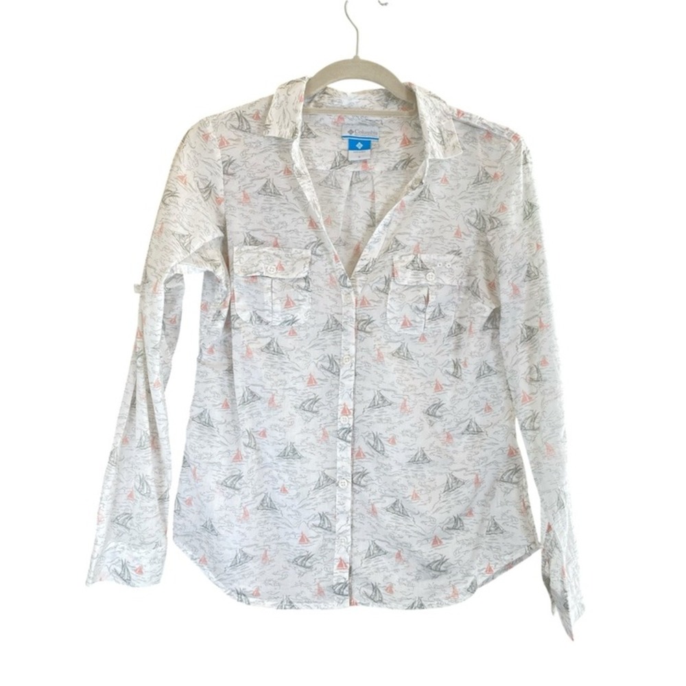 COLUMBIA PFG Button Up V-Neck Blouse Fisherman New England Coastal Minimalist S